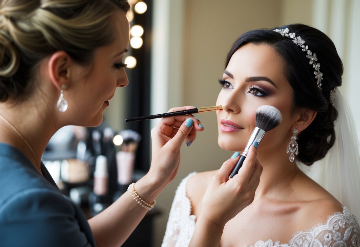 A bridal makeup artist carefully applies makeup to a bride, using a variety of brushes and products to create a flawless and elegant look