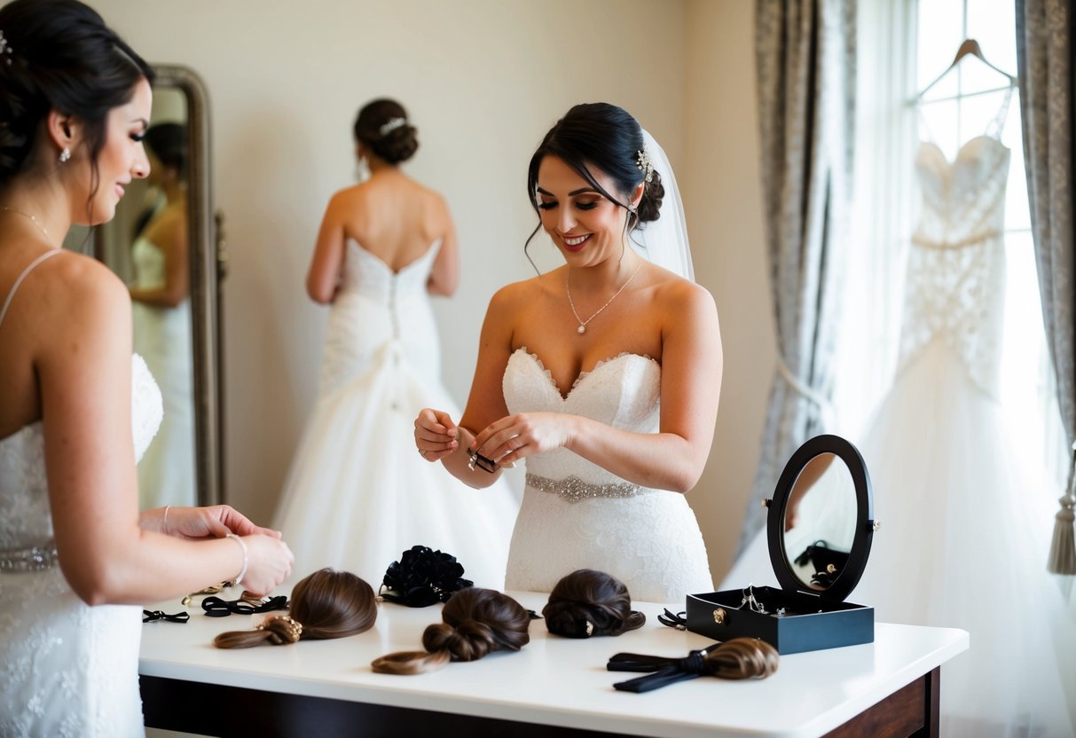 A bride-to-be arranging hair accessories on a table, with a mirror and wedding dress in the background