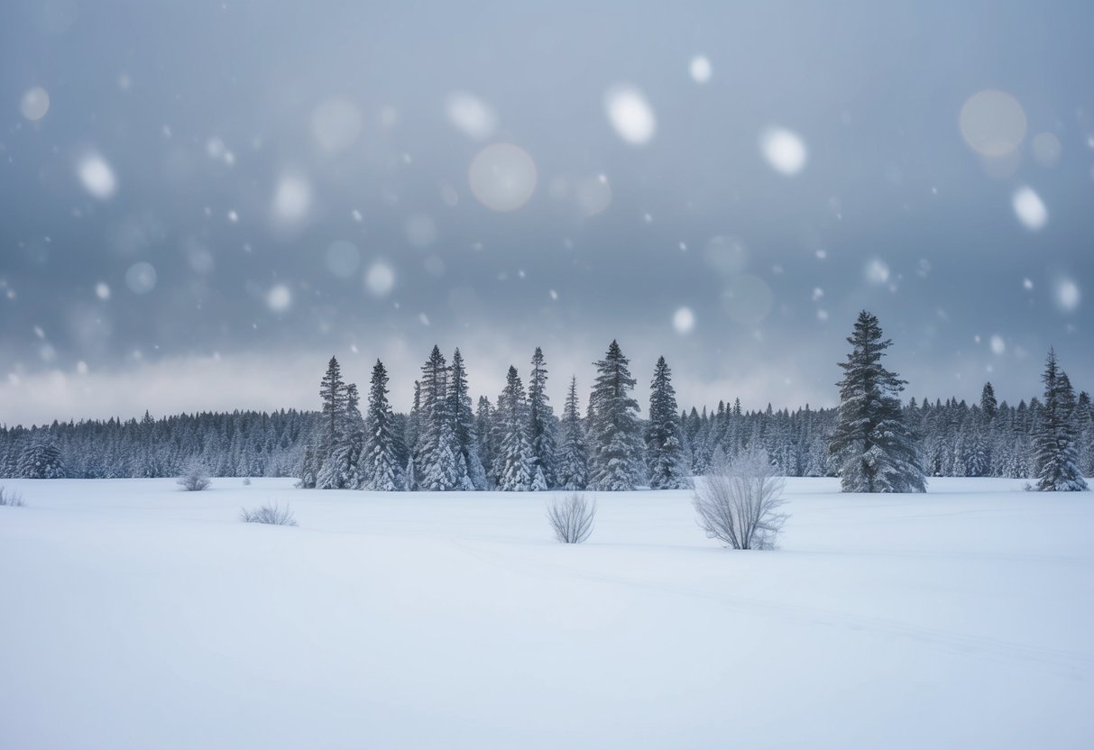 A desolate winter landscape with snow-covered trees and a cold, gray sky