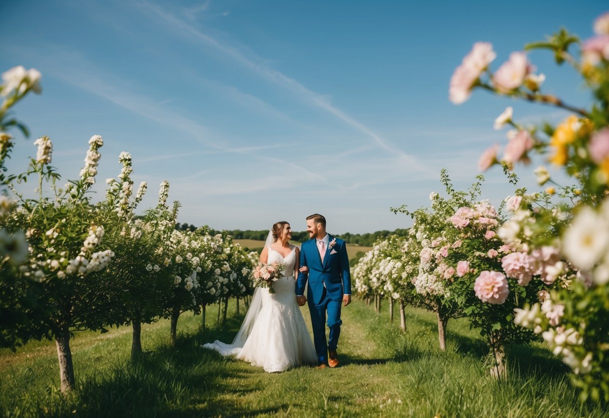 A picturesque countryside wedding in June with blooming flowers and a clear blue sky