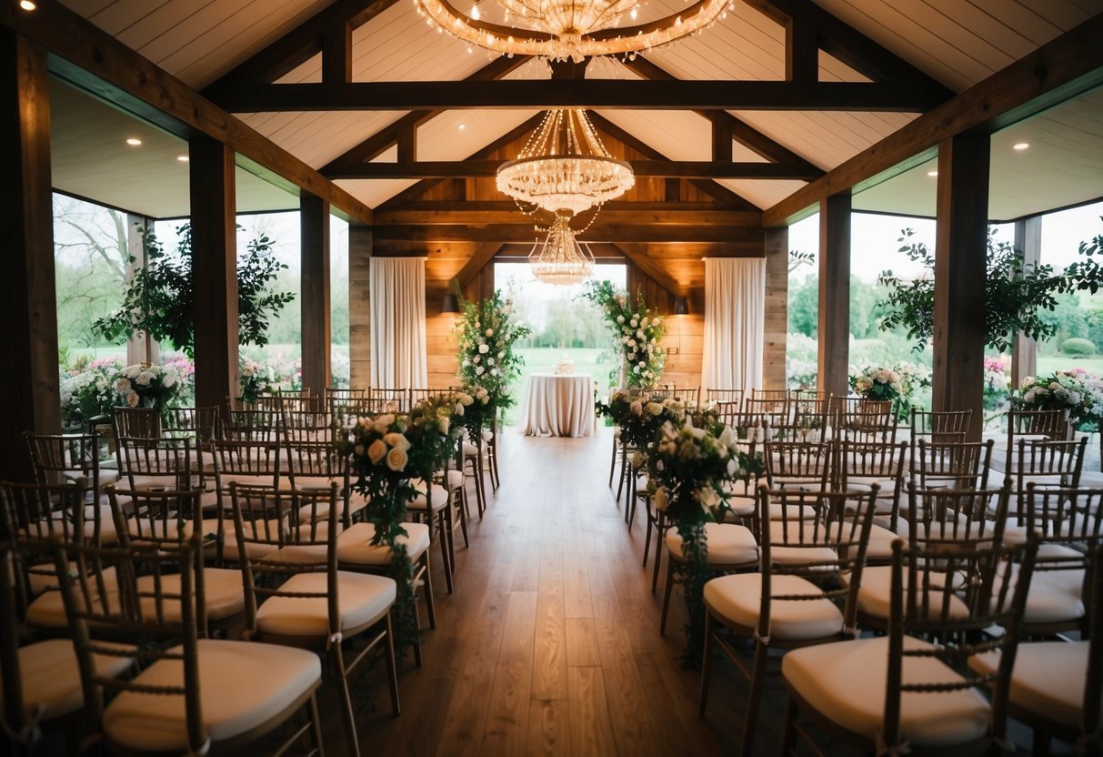 A cozy indoor wedding venue with warm lighting and elegant decor, set in the month of June with blooming flowers and greenery outside