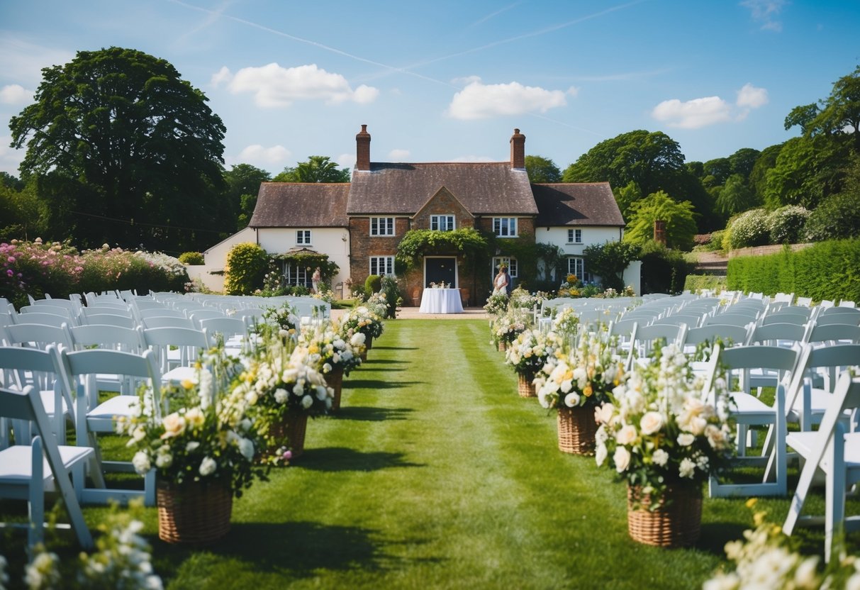 A picturesque countryside wedding venue with blooming flowers and clear skies, setting the scene for a perfect UK wedding in June