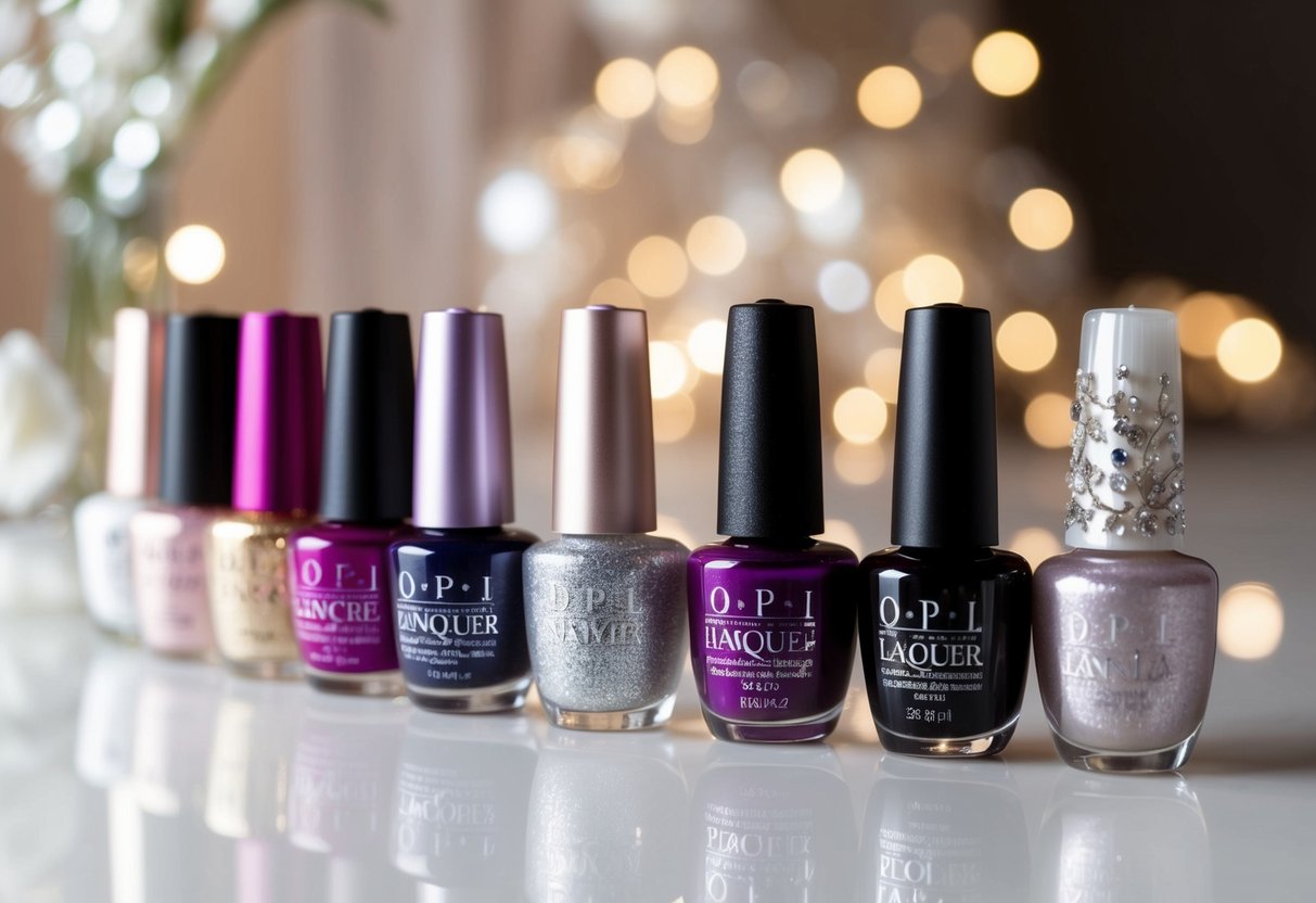 A group of elegantly manicured nails in various shades and designs, arranged in a row with a bridal theme