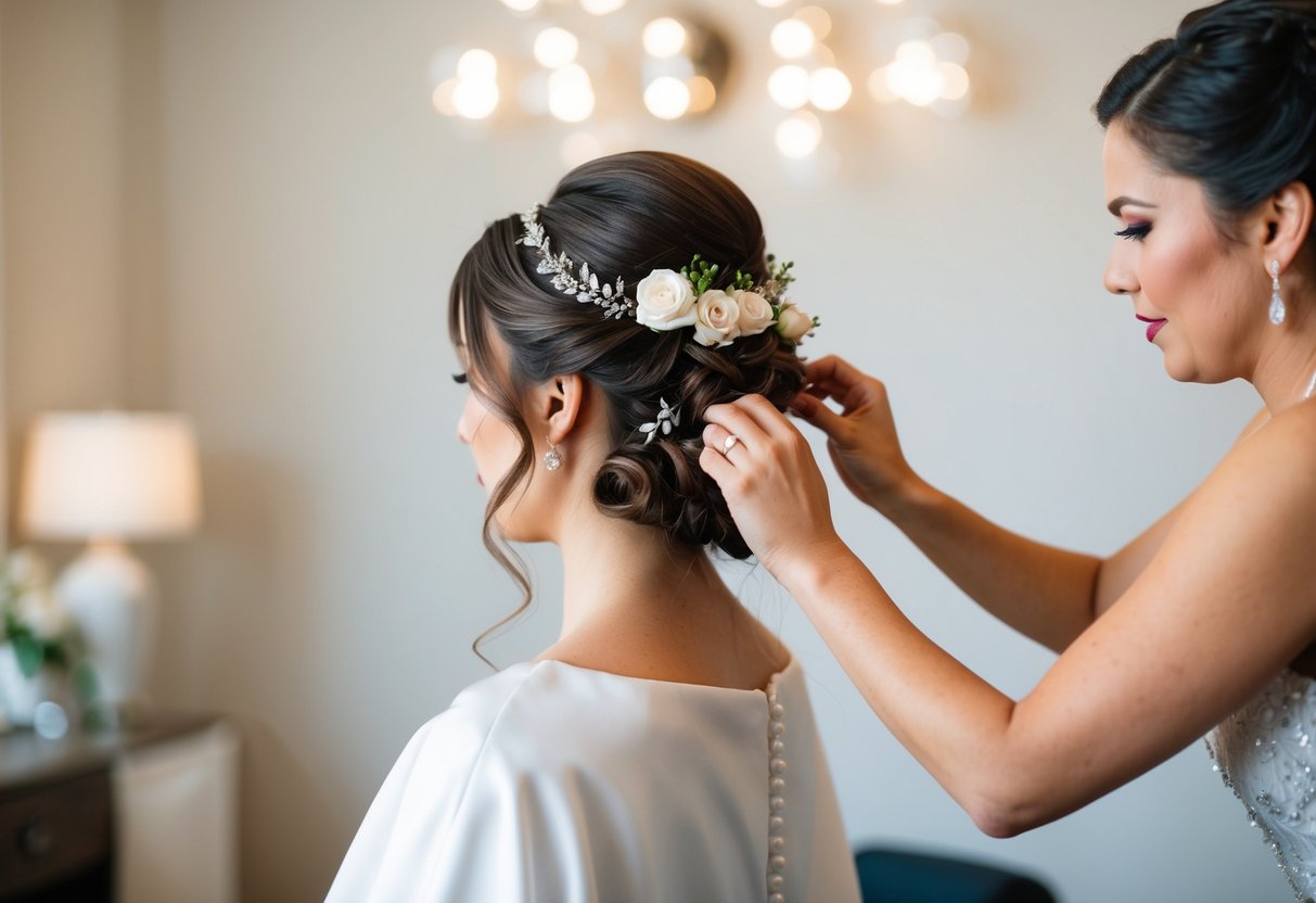 A bride's hair being styled in an elegant updo, adorned with flowers and secured with pins, as a stylist applies finishing touches