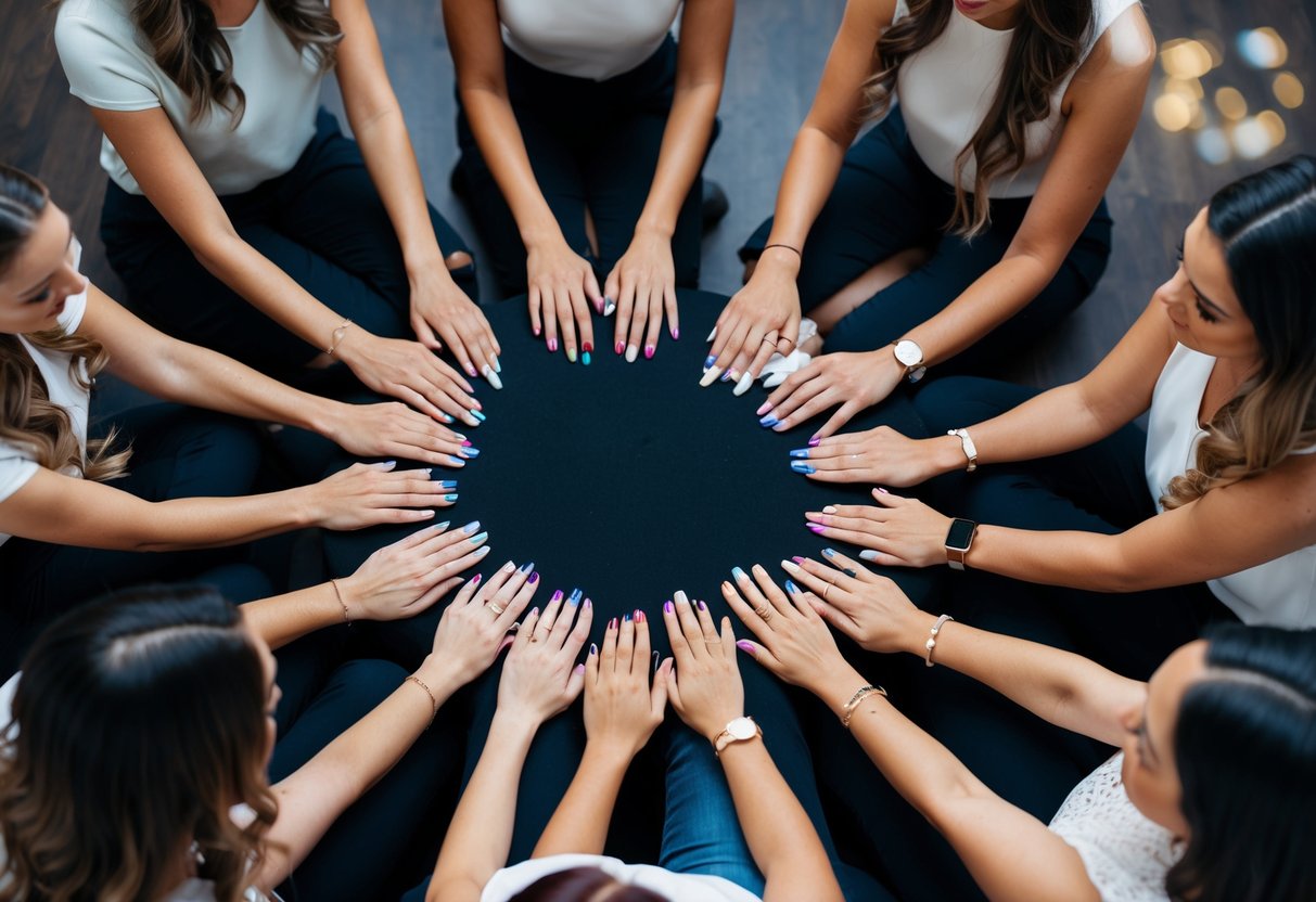 A group of women sitting in a circle, each with their hands outstretched towards the center. A nail technician carefully painting each woman's nails in a variety of colors