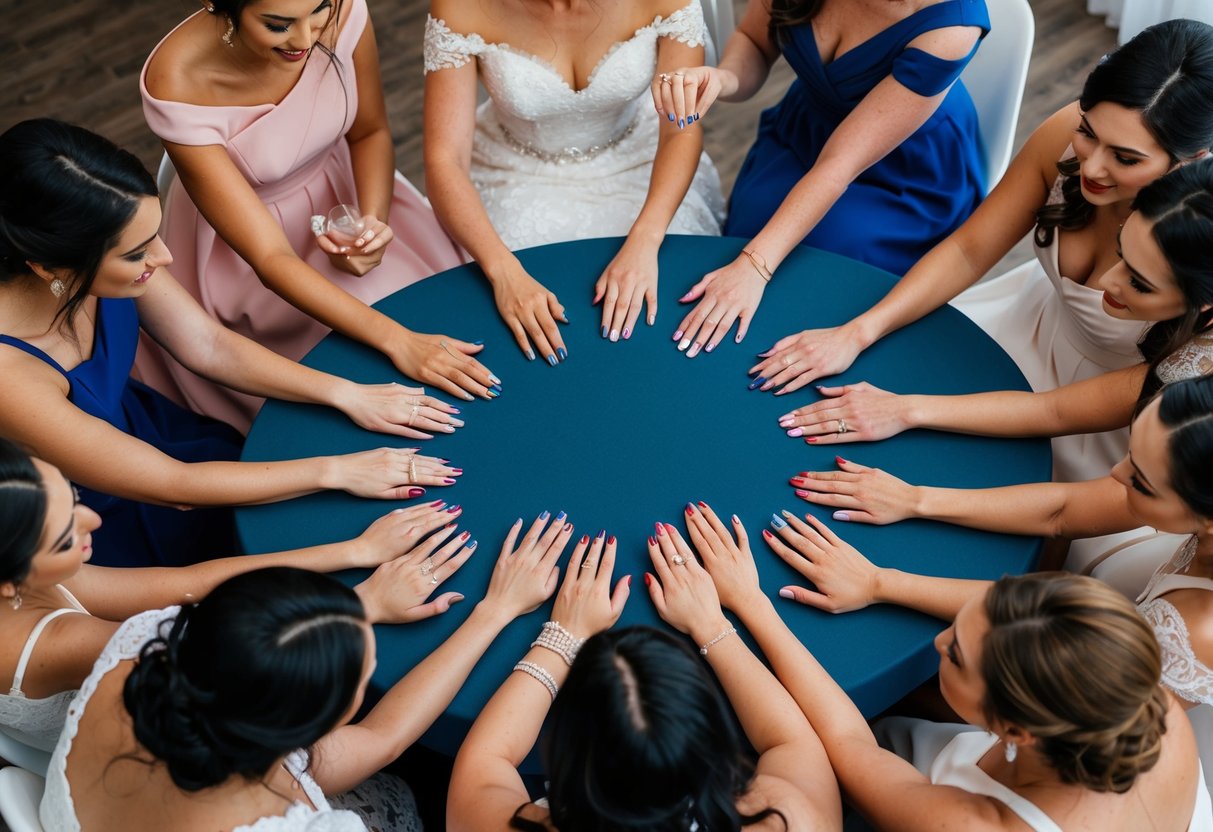 A group of bridesmaids sit in a circle, with their hands outstretched as a nail technician carefully paints their nails in coordinating colors