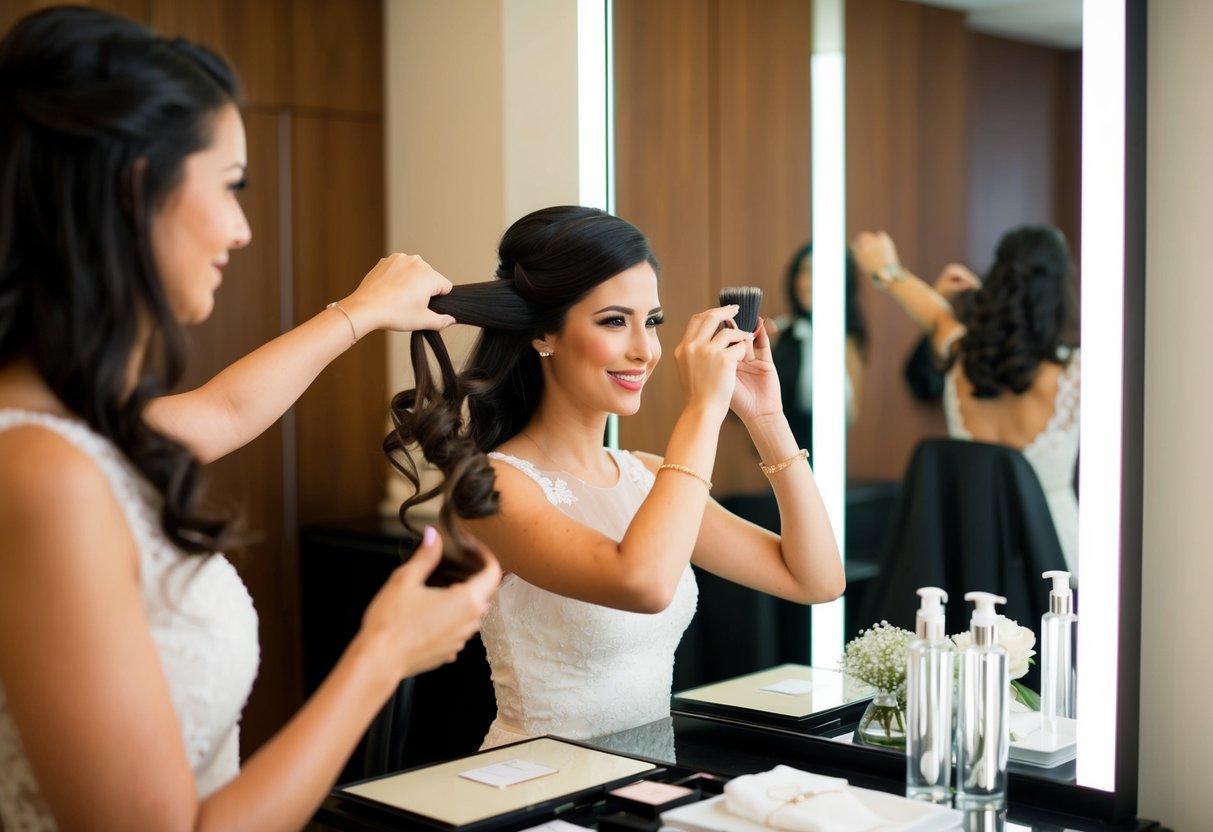 A woman styling her own hair in front of a mirror with wedding accessories on the table