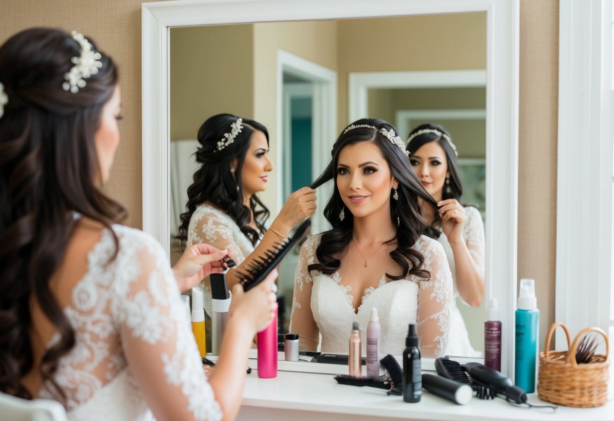 A bride sits in front of a mirror, surrounded by hair styling tools and products. She carefully arranges her hair, practicing different styles for her upcoming wedding
