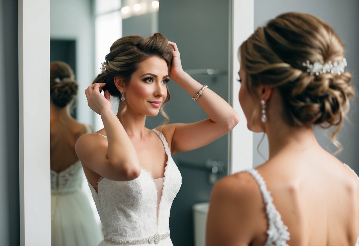 A woman stands before a mirror, contemplating her hairstyle for a wedding. She holds her hair up and then lets it fall, trying to decide between an updo or leaving it down