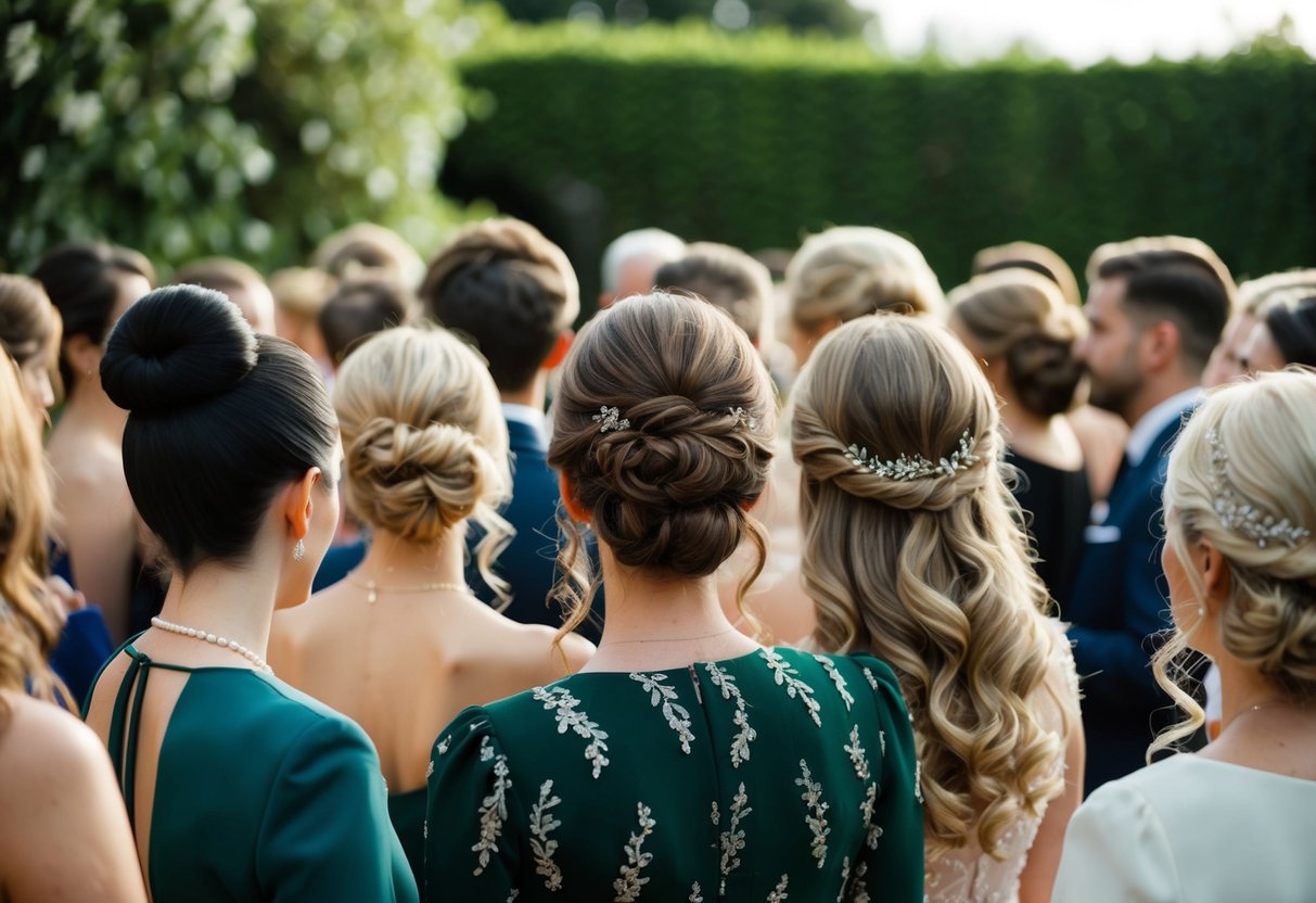 Guests with various hairstyles gather in a garden, some with hair up in elegant buns, others with flowing locks cascading down their shoulders