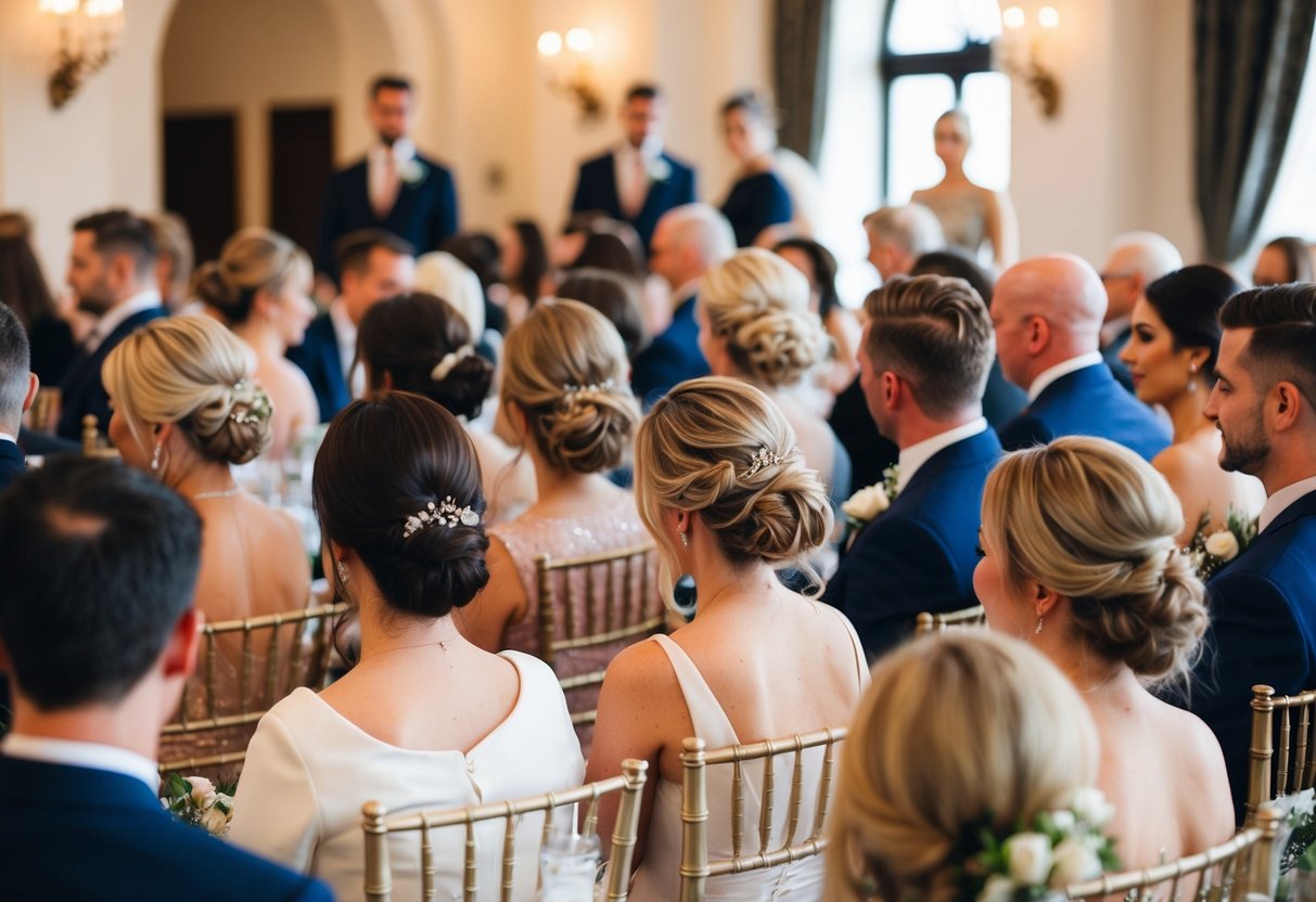 A group of wedding guests with various hairstyles, some wearing their hair up and others wearing it down, gathered in a elegant venue