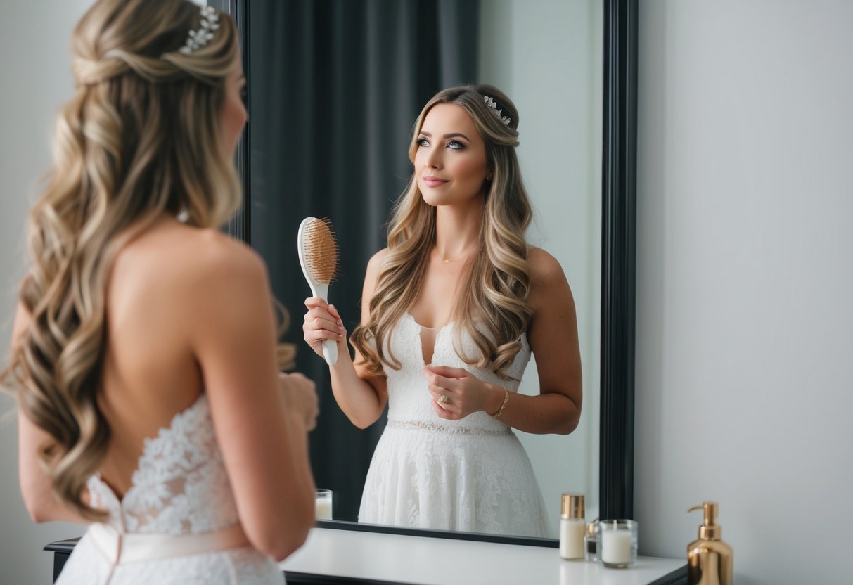 A woman with long, flowing hair stands in front of a mirror, contemplating whether to wear her hair up or down for a wedding. She holds a hairbrush in one hand and looks thoughtful
