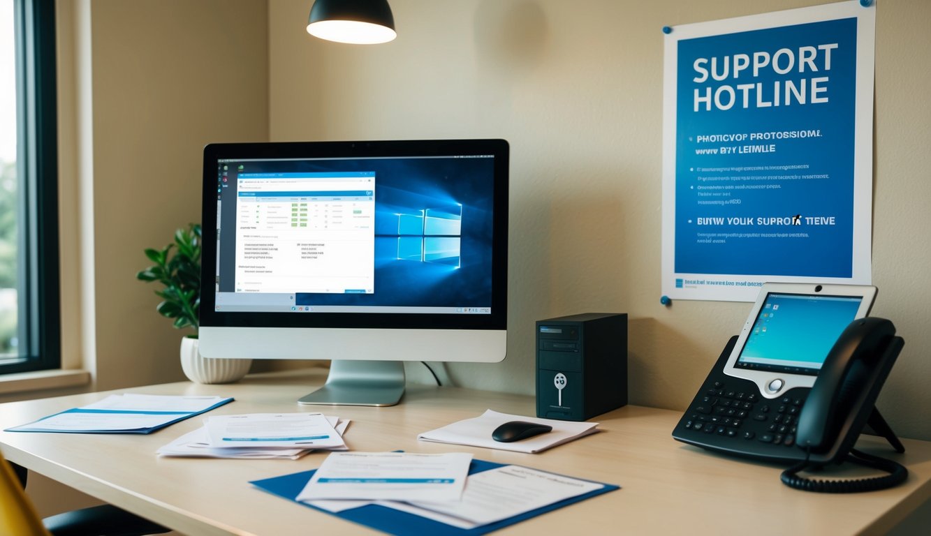 A desk with a computer, payment documents, and a support hotline poster on the wall