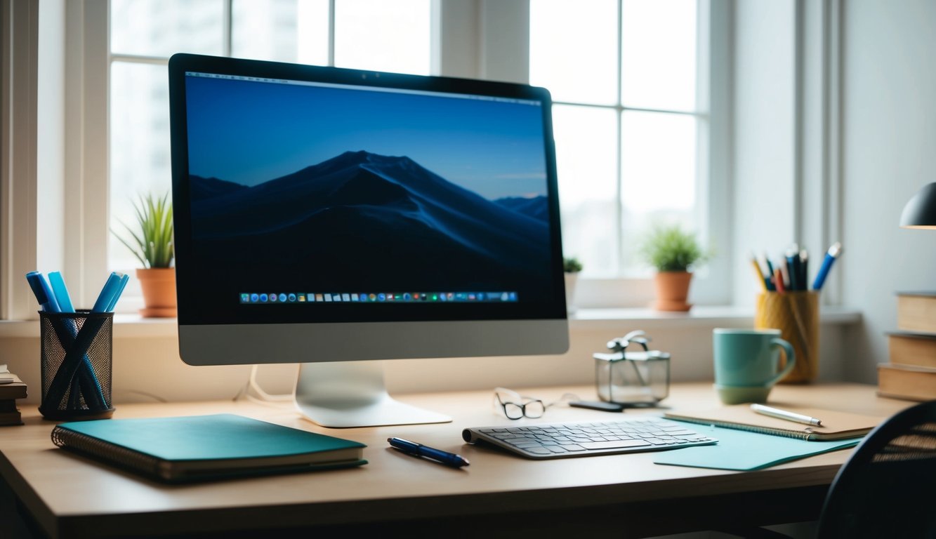 A cluttered desk with a computer, notebook, and pen. A bright window illuminates the space, creating a cozy and focused environment for writing