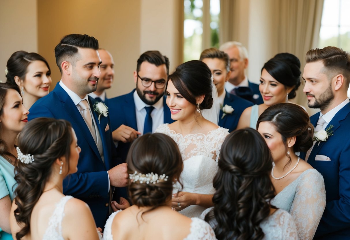 A group of wedding guests gathered, some with hair up, others down, discussing their hairstyle choices