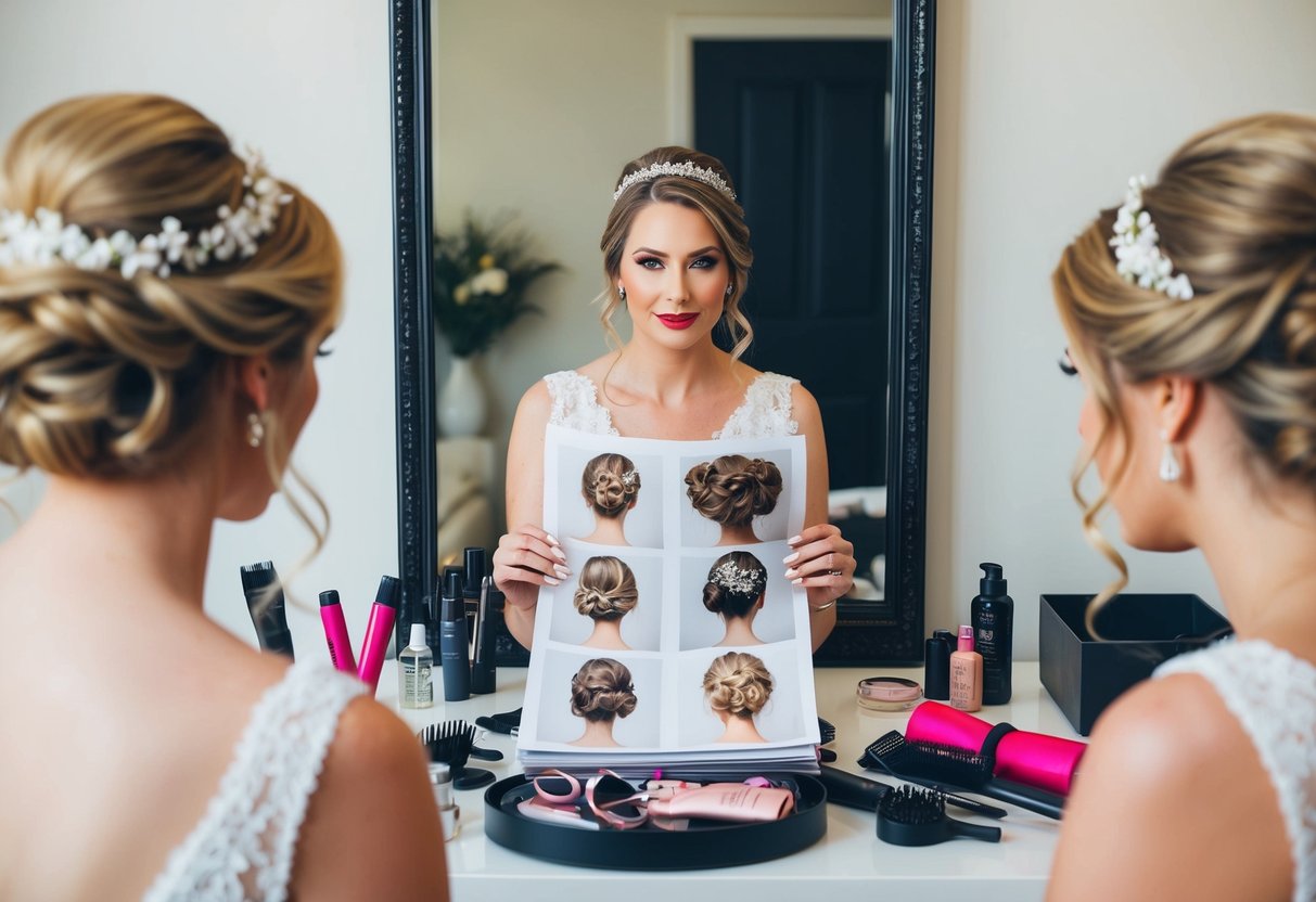 A bride sits in front of a mirror, surrounded by hairstyling tools and accessories. She gazes at different updo options in a bridal magazine, contemplating her hairstyle for the big day