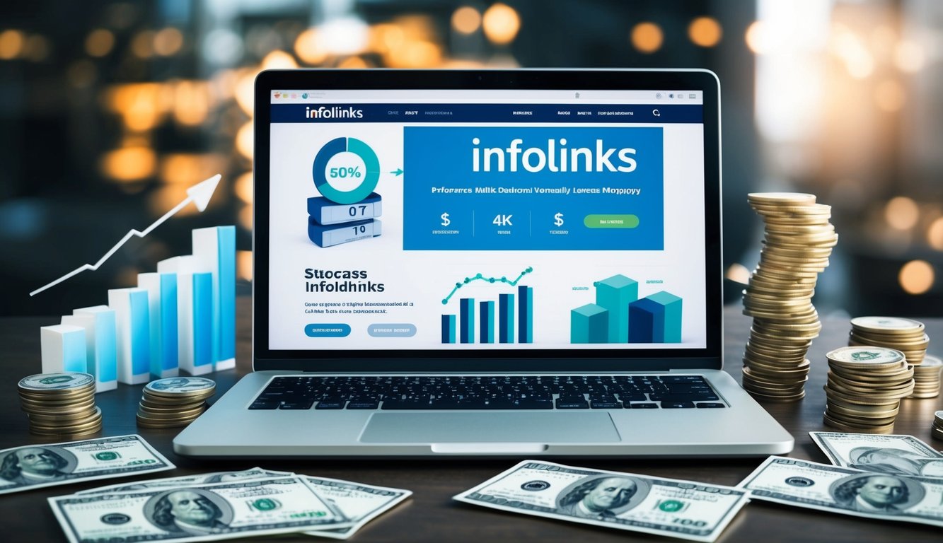 A laptop displaying the Infolinks website, surrounded by charts, graphs, and a stack of money, symbolizing success and profit