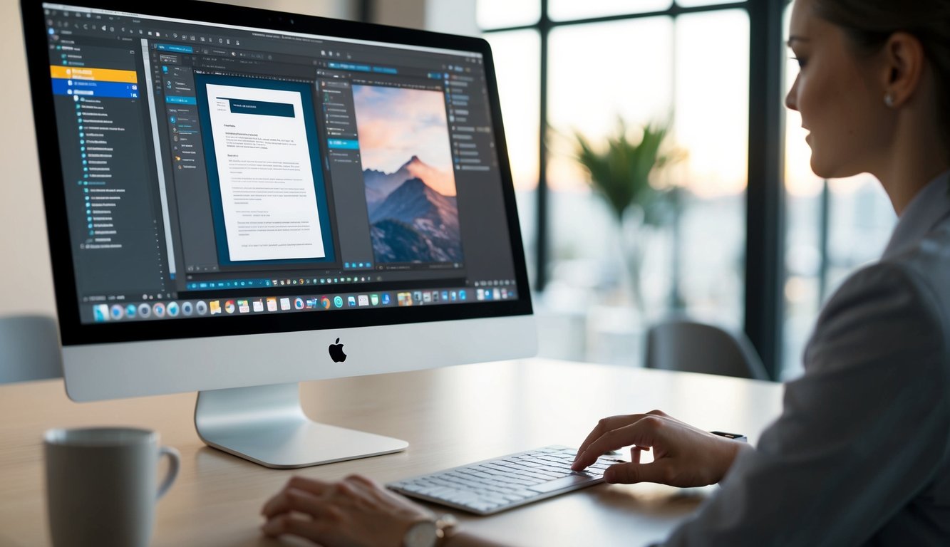 A computer screen with a sleek interface displaying various editing tools and a document being transformed into polished, high-quality content