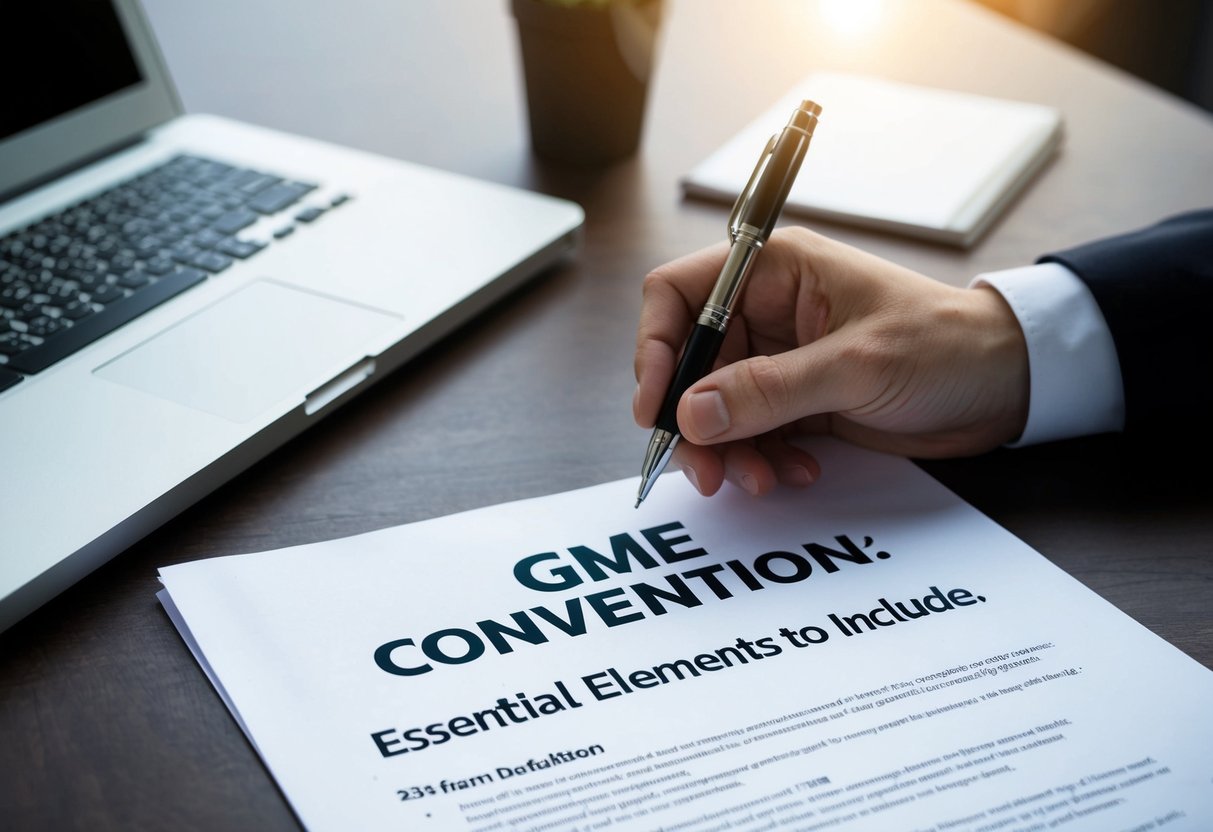 Une table avec un stylo, du papier et un document intitulé "Convention GME : éléments essentiels à inclure." Une main tend la main vers le stylo.