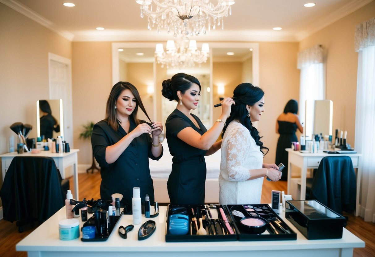 A hairstylist and makeup artist work simultaneously in a well-lit, spacious bridal suite. Various tools and products are neatly organized on a table