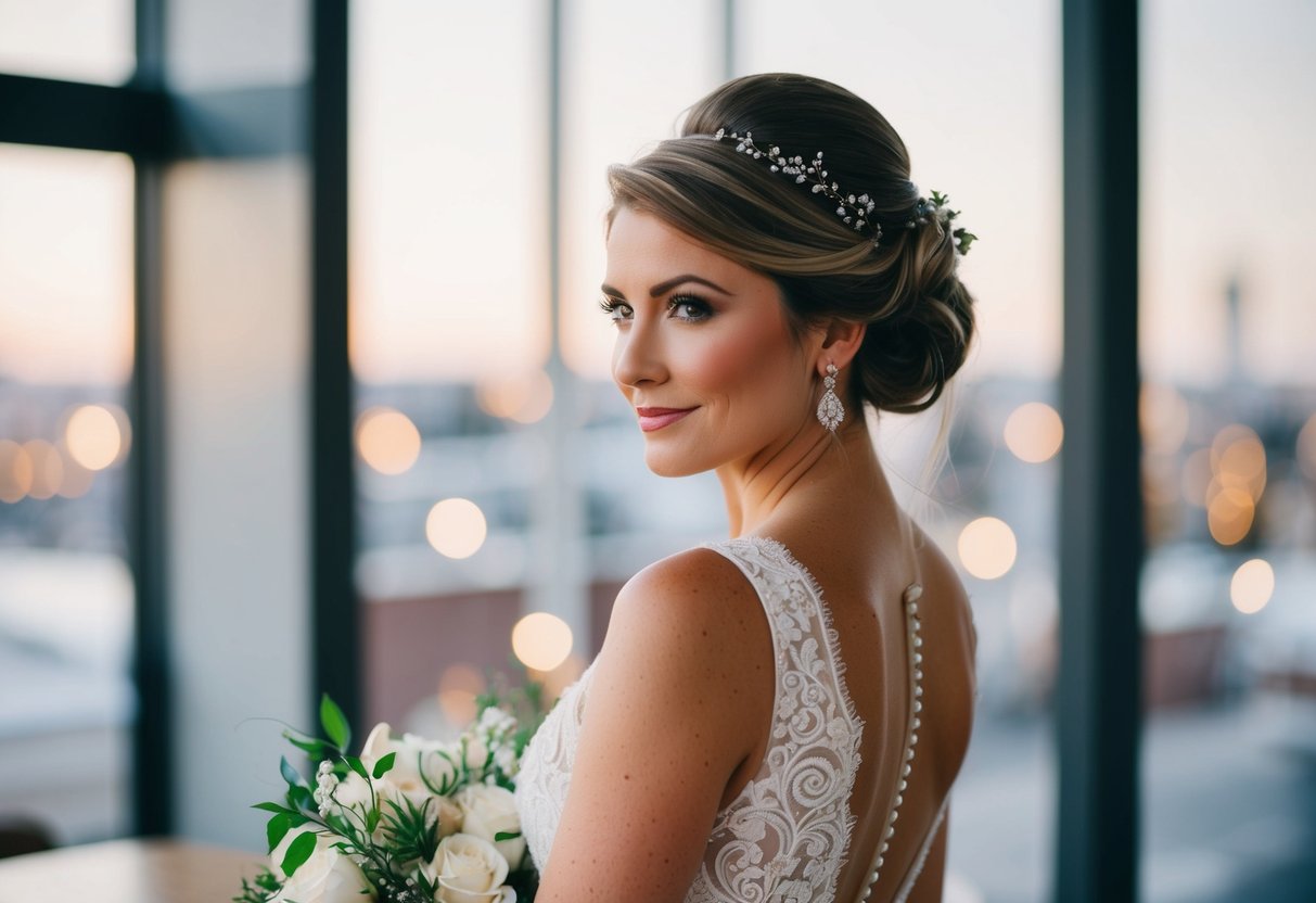 A bride with her hair elegantly swept up, adorned with modern accessories and hints of her personal style, standing confidently