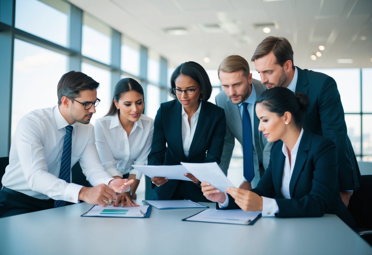 Un groupe de professionnels du secteur discutant et examinant des documents financiers liés à un accord GME