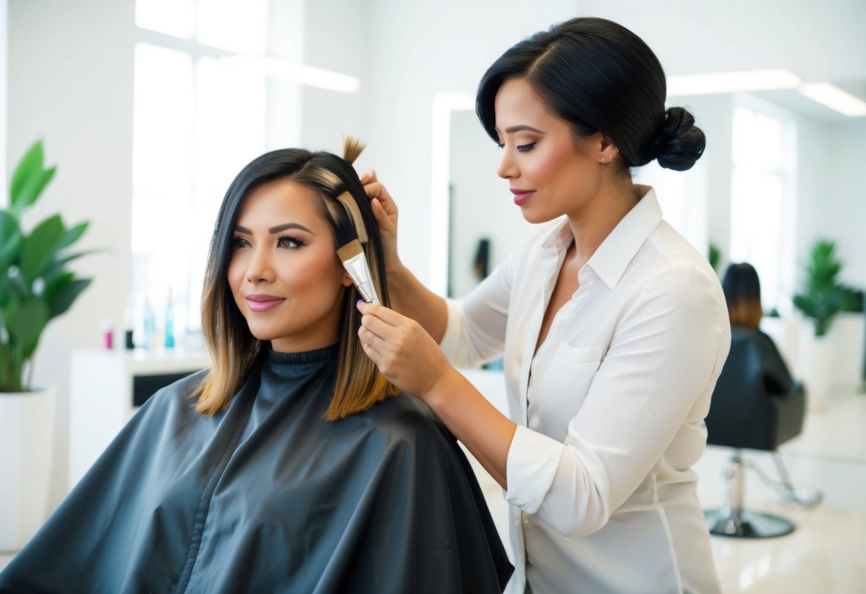 A woman sitting in a salon chair, with a stylist carefully painting highlights onto her hair. The room is bright and airy, with soft music playing in the background