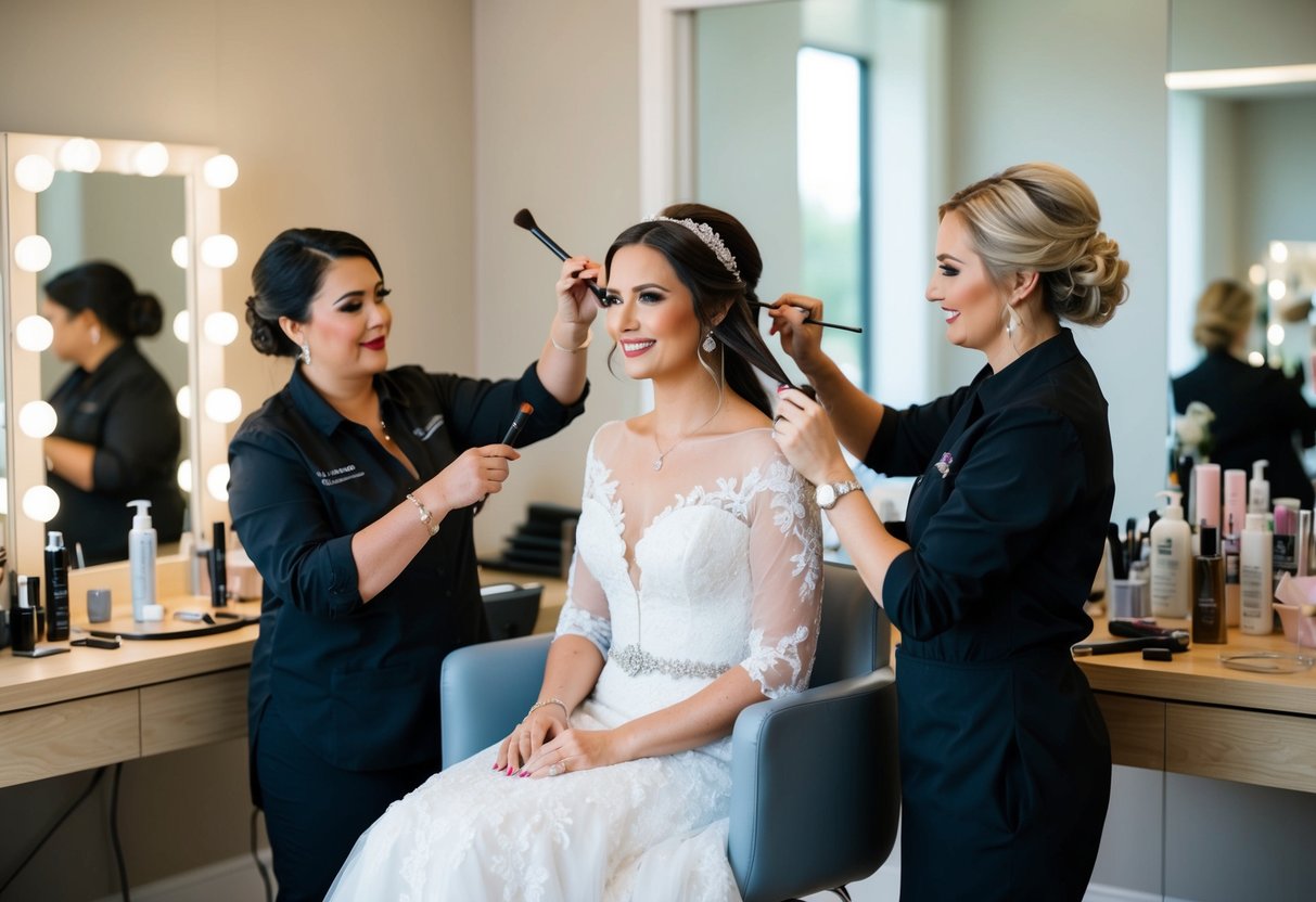 A bride sits in a chair while a hairstylist and makeup artist work simultaneously, surrounded by beauty products and tools