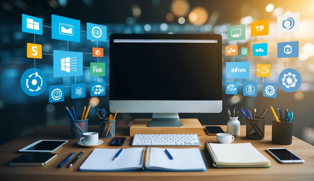 A desk with a computer, notebook, and various writing tools. A colorful array of software logos and integration icons surround the workspace