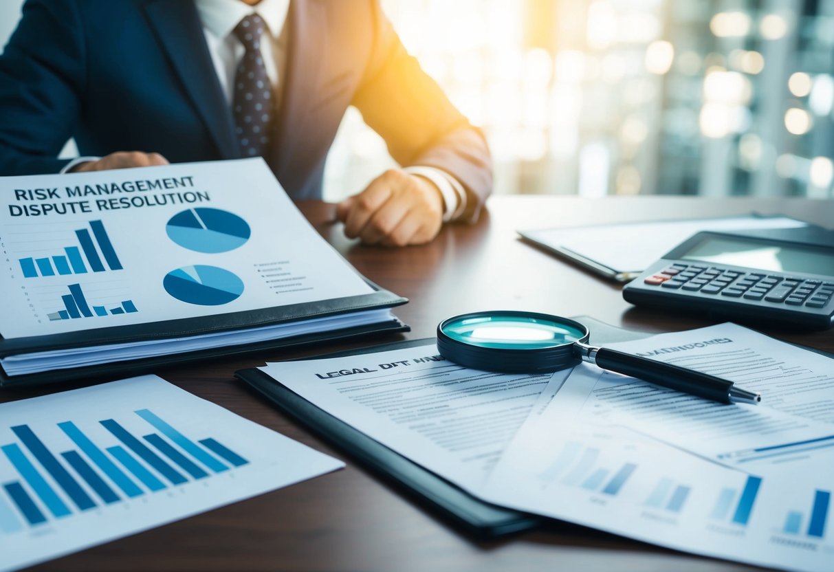 Une table avec des documents juridiques, un stylo et une loupe, entourée de graphiques et de diagrammes représentant la gestion des risques et la résolution des conflits.