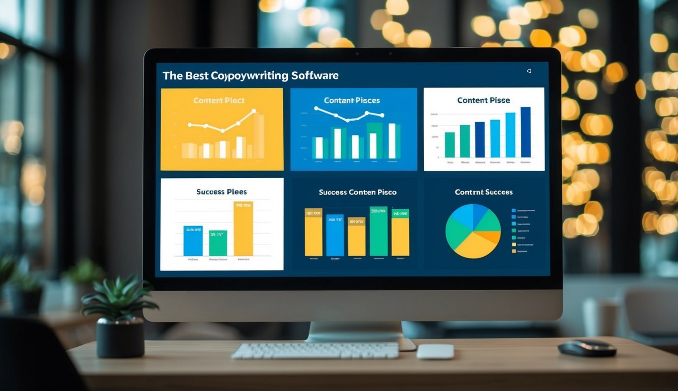 A computer screen displaying various graphs and charts tracking the success of different content pieces created using the best copywriting software