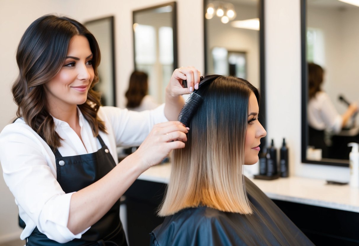 A hairstylist carefully sectioning hair for balayage application in a salon setting
