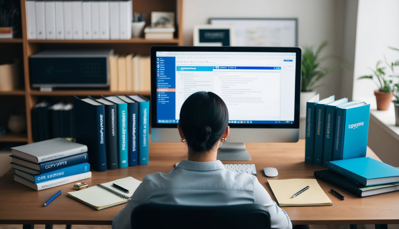 A person sitting at a desk with a computer, surrounded by books on copywriting and various software programs. A notepad and pen are nearby for jotting down ideas