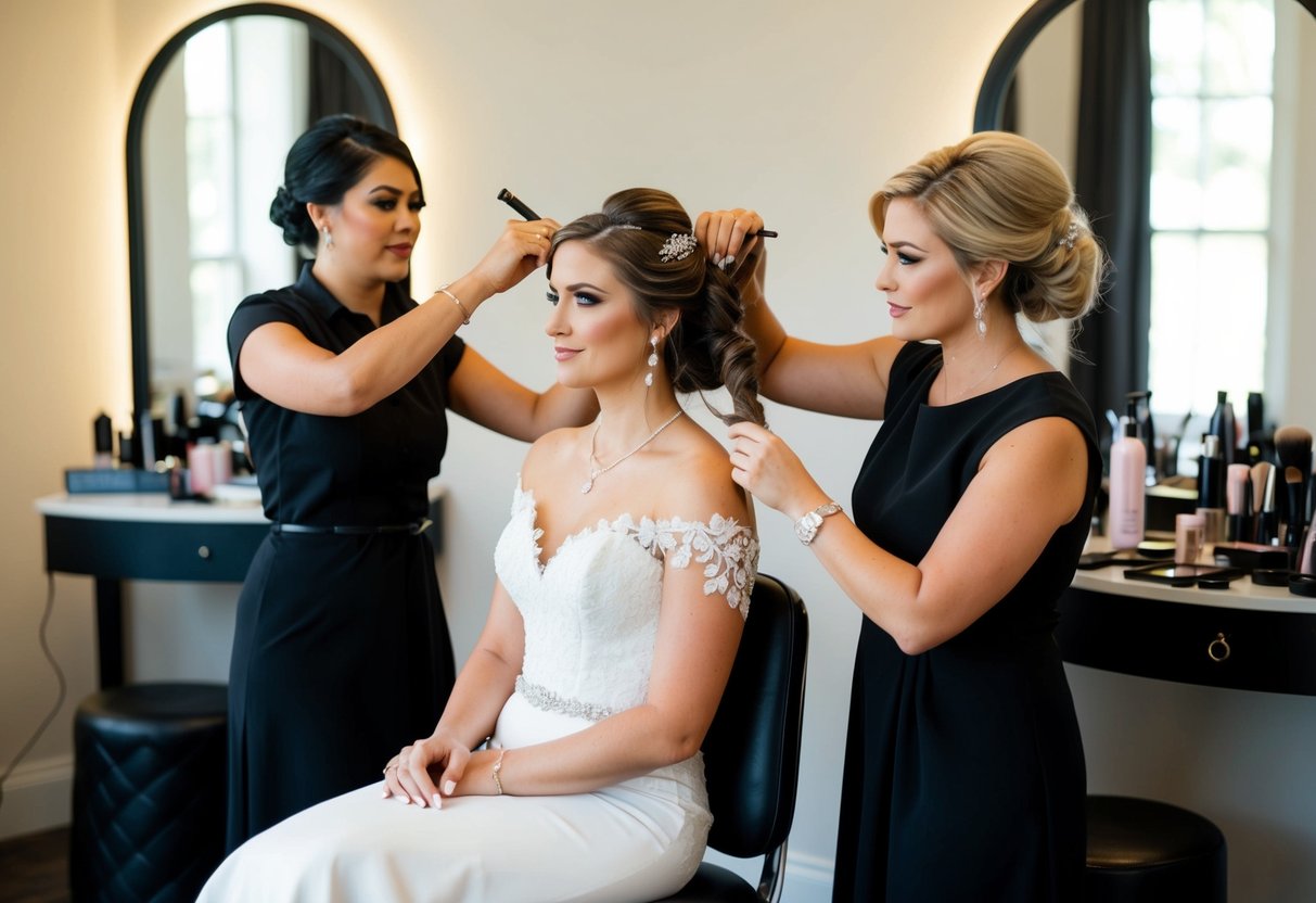 A bride sits in a chair, surrounded by makeup and hair styling tools. The stylist works on her hair while another applies makeup