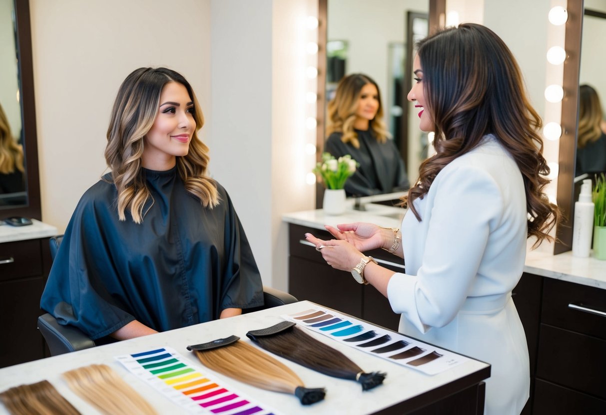 A woman sitting in a salon chair, discussing balayage options with a stylist before her wedding. Color swatches and hair samples are spread out on the table