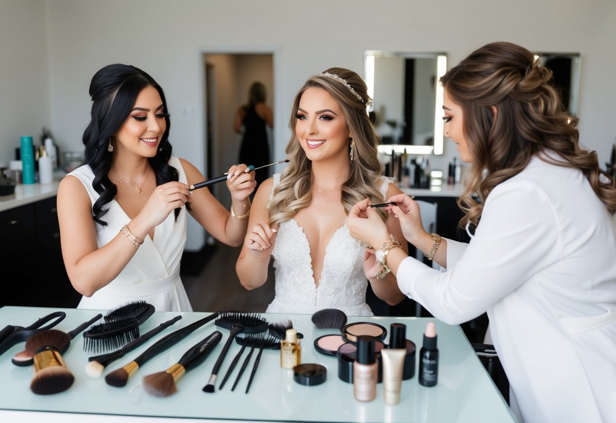 A hairstylist and makeup artist work simultaneously on a bridal look, surrounded by brushes, hair tools, and cosmetic products on a clean, organized table