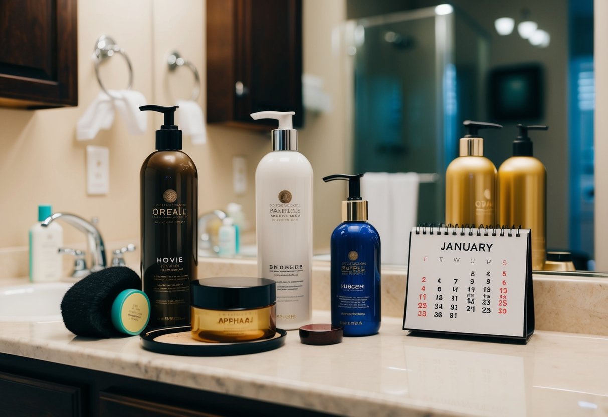 A woman's hair care products laid out on a bathroom counter, with a calendar showing the date of her upcoming wedding