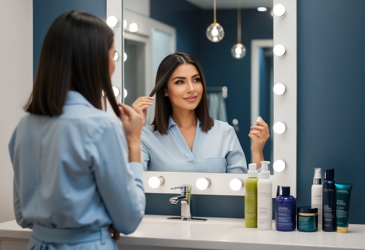 A woman standing in front of a mirror, examining her hair type and texture, with various hair care products displayed on the counter