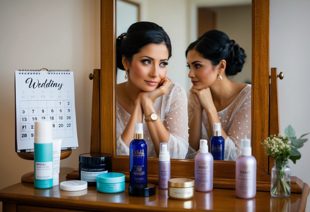 A woman surrounded by hair care products, a calendar showing the wedding date, and a mirror reflecting her thoughtful expression