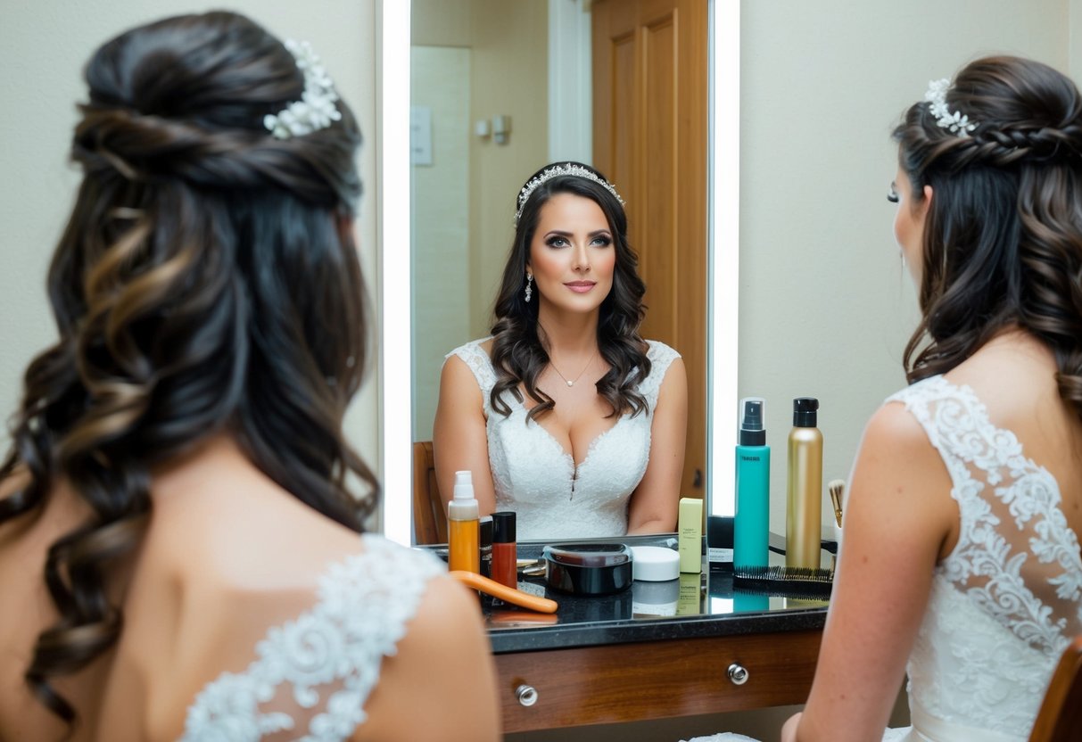 A bride sits in front of a mirror with hair products and tools laid out, contemplating when to wash her hair before the wedding