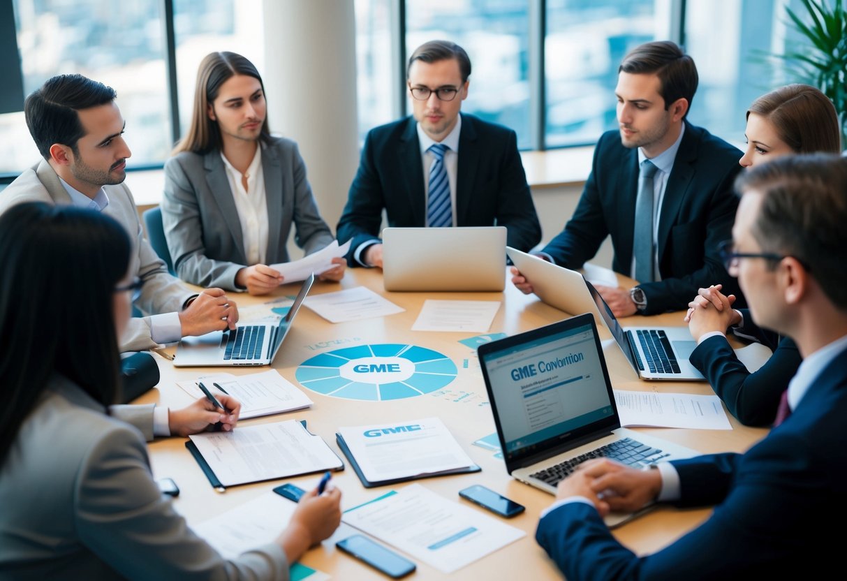 Un groupe de personnes assises autour d'une table, discutant et formalisant les éléments essentiels d'une convention GME. Des papiers, des stylos et des ordinateurs portables sont éparpillés sur la table.