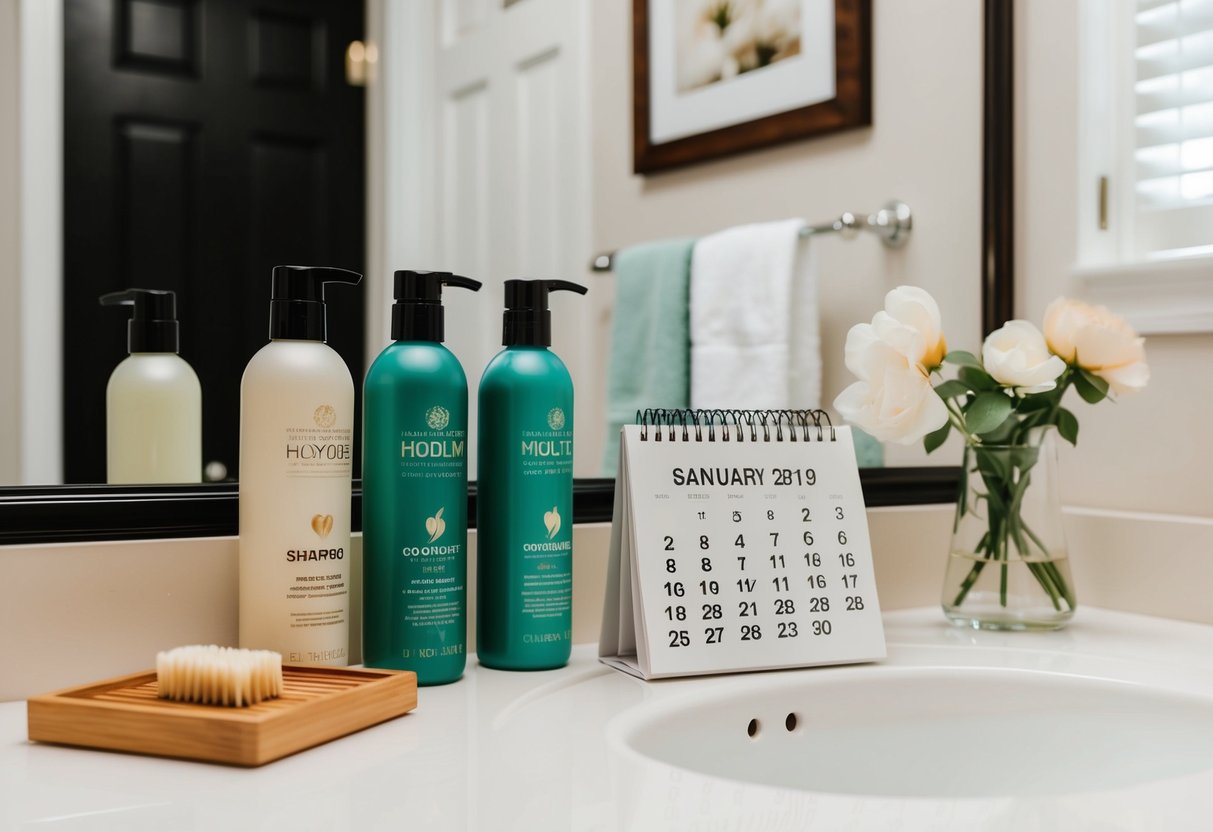 A bathroom counter with shampoo, conditioner, and a calendar indicating the wedding date