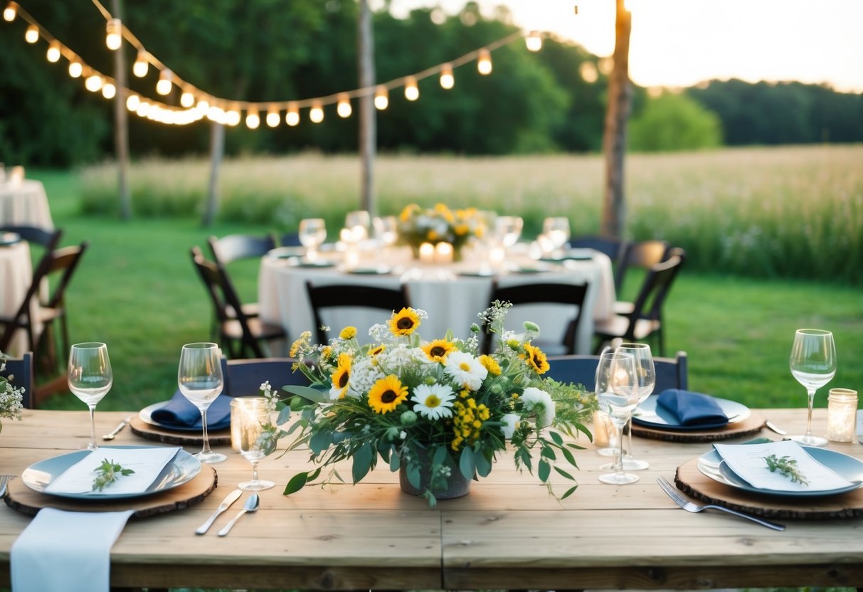 A rustic outdoor wedding reception with string lights, wildflower centerpieces, and simple table settings on a budget