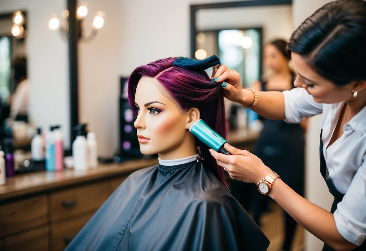 A hairstylist carefully applies color to a mannequin head in a salon, preparing for a wedding