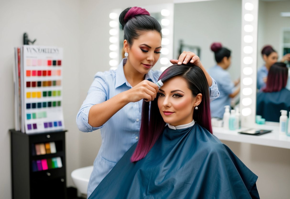 A hairstylist carefully mixing and applying hair dye in a salon, surrounded by wedding magazines and color swatches