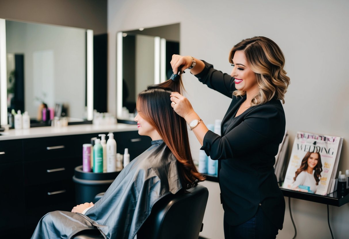 A woman sitting in a salon chair, with a hairstylist applying hair color, surrounded by hair care products and wedding magazines