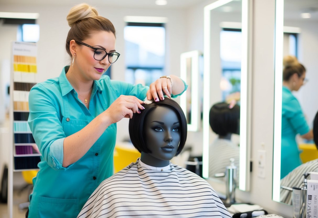 A stylist carefully applies color to a mannequin head, surrounded by swatches and mirrors in a bright, modern salon