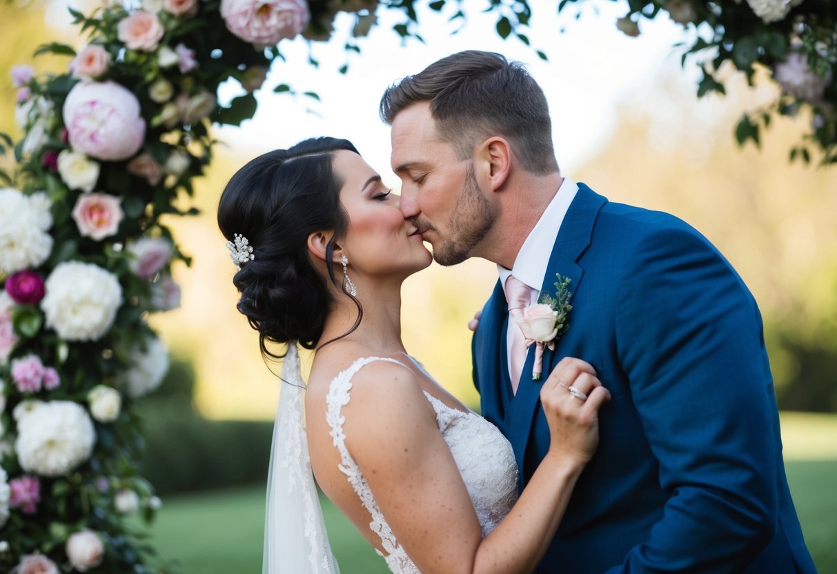 A groom kisses the bride under a blooming floral archway