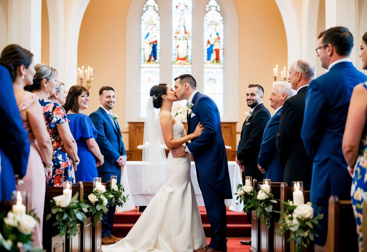 A couple standing at the altar, surrounded by onlookers, leaning in for a kiss