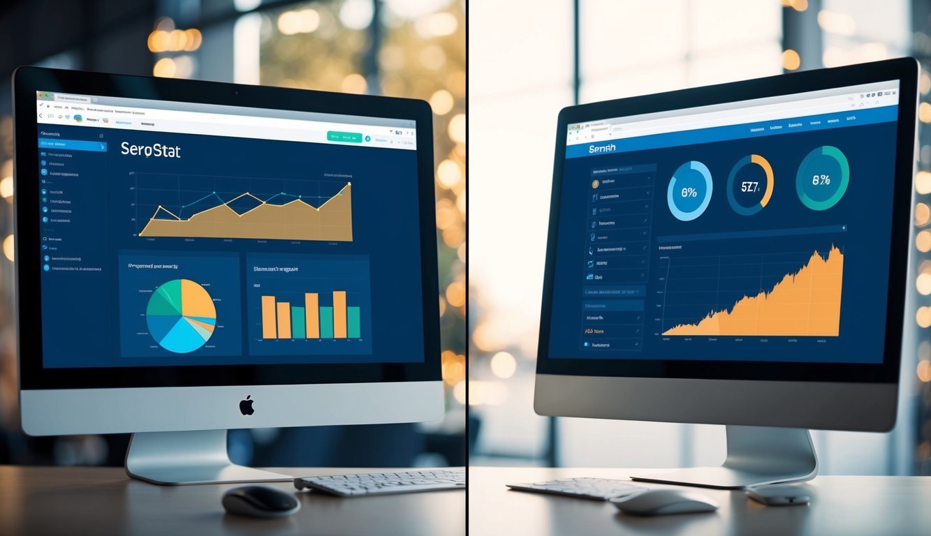 A computer screen split in half, one side displaying Serpstat interface and the other showing SEMrush. Graphs and data visualizations fill the screens